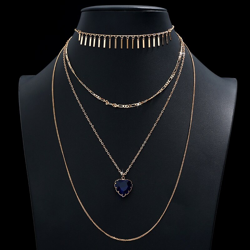 Multi-layer Charm Statement Collar Choker 4 Layers Heart Crystal Stone Pendant Chain Necklace for Women Gift Jewelry